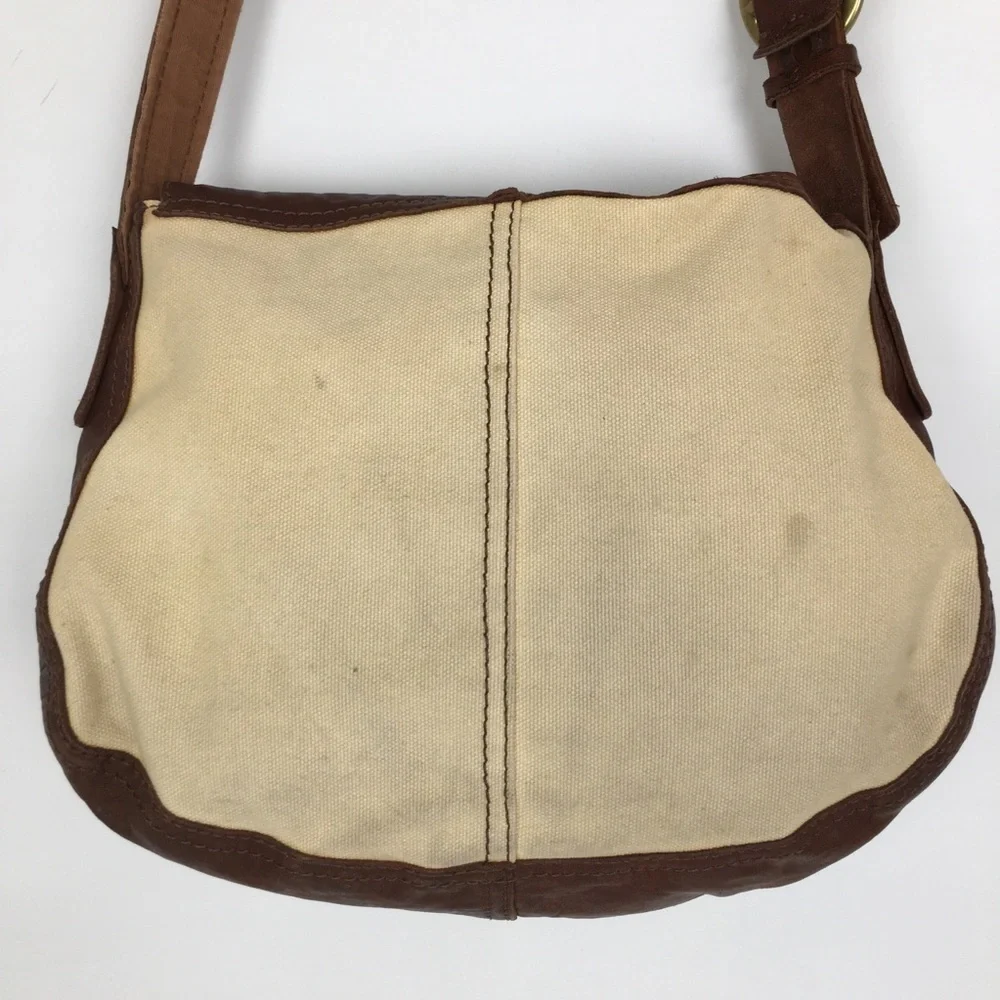 Lucky Brand Italian Leather & Canvas Shoulder Bag Brown Tan Hobo Bag Purse